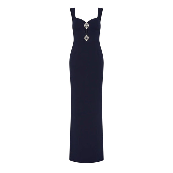Rebecca Vallance Crown Jewel Gown in Sapphire | Diamante Brooch Column Gown