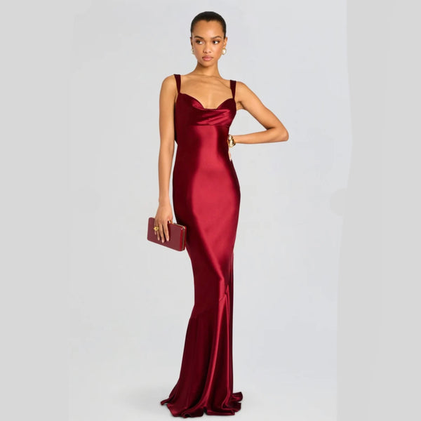 Retrofête Vinicia Dress | Satin Cowl-Neck Open-Back Gown in Crimson