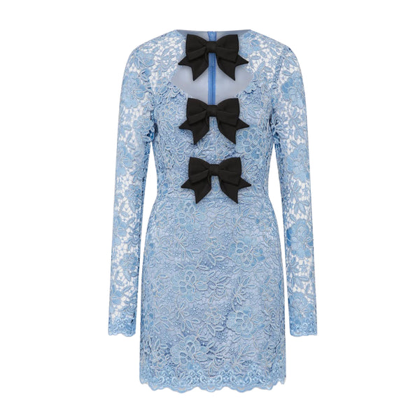 Rebecca Vallance Nottingham Mini Dress in Blue Topaz | Metallic Corded Lace Mini Dress with Satin Bows