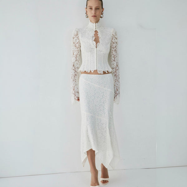 De La Vali Faela Midi Skirt in Ivory Lace | Spiral-Seam Lace Midi Skirt with Asymmetric Hem