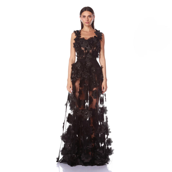 Bronx and Banco Rosalie Noir Gown | Sheer 3D Floral Appliqué Tulle Gown - Pre Order