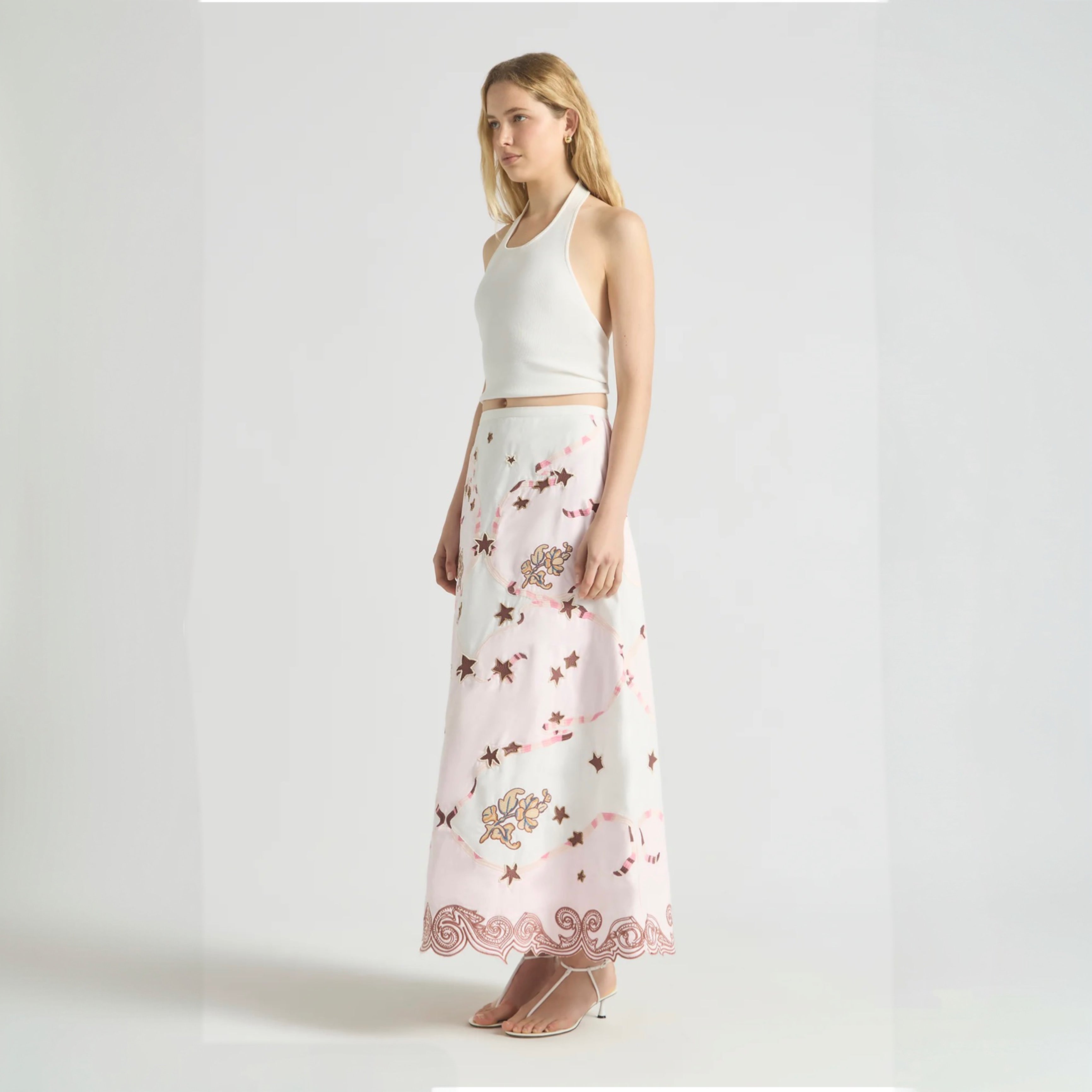 Antipodean Take It Easy Embroidered Midi Skirt - Rosewater