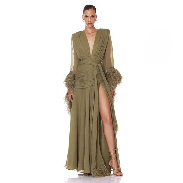 Bronx Banco Geisha Sage Maxi Dress | Ostrich Feather Plunge Maxi Dress