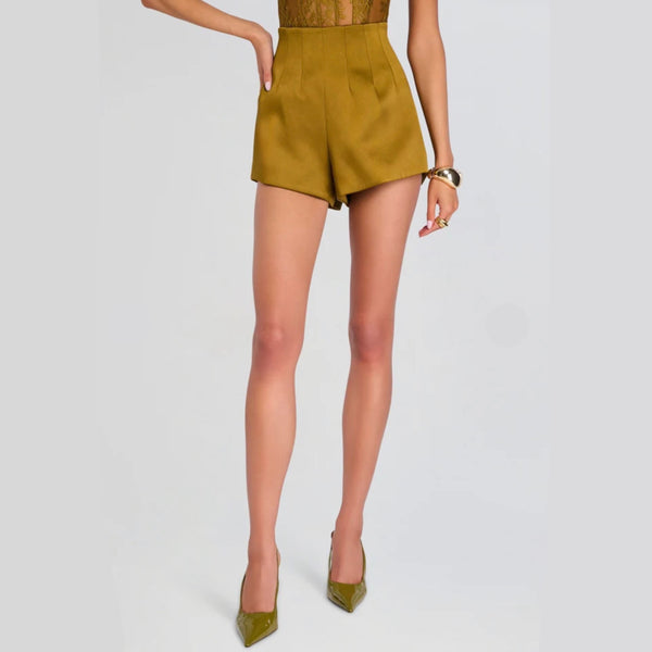 Retrofête Marie Short in Ochre | High-Waisted Satin Mini Shorts