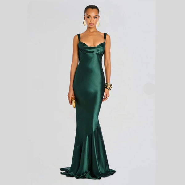 Retrofête Vinicia Dress | Satin Cowl-Neck Open-Back Gown in Pine