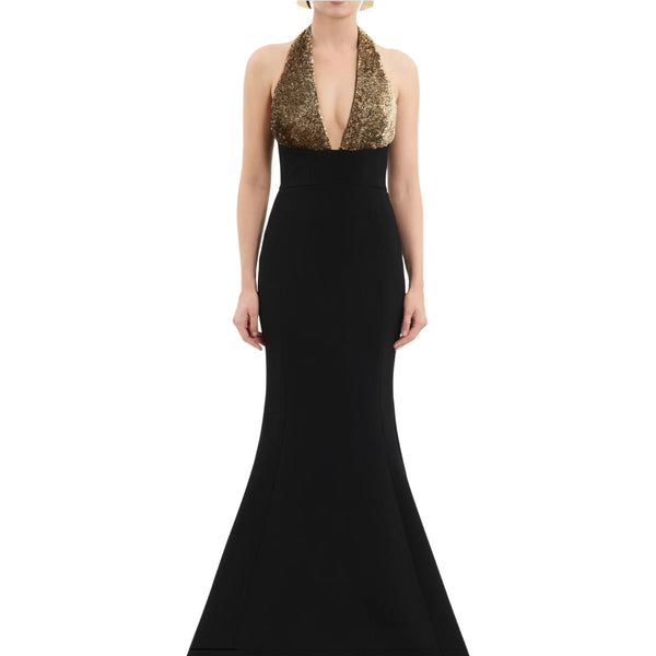 Rebecca Vallance Cambridge Halter Gown | Gold Sequin Halter Mermaid Gown with Train