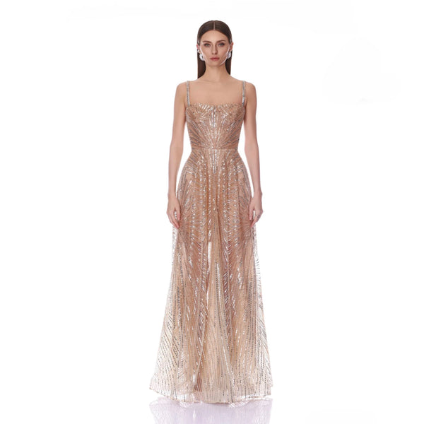 Bronx and Banco Midnight Sleeveless Embellished Tulle Gown in Gold | Sequin Sunburst Tulle Gown