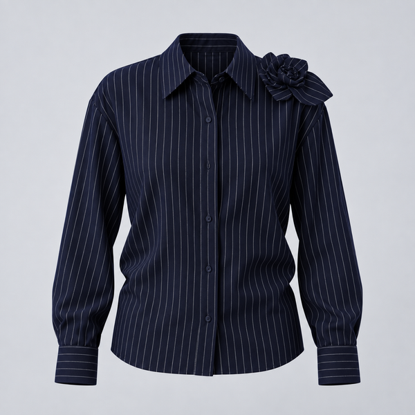 AKNVAS The Flor Shirt in Navy Pinstripe | Pinstripe Shirt with Rose Appliqué
