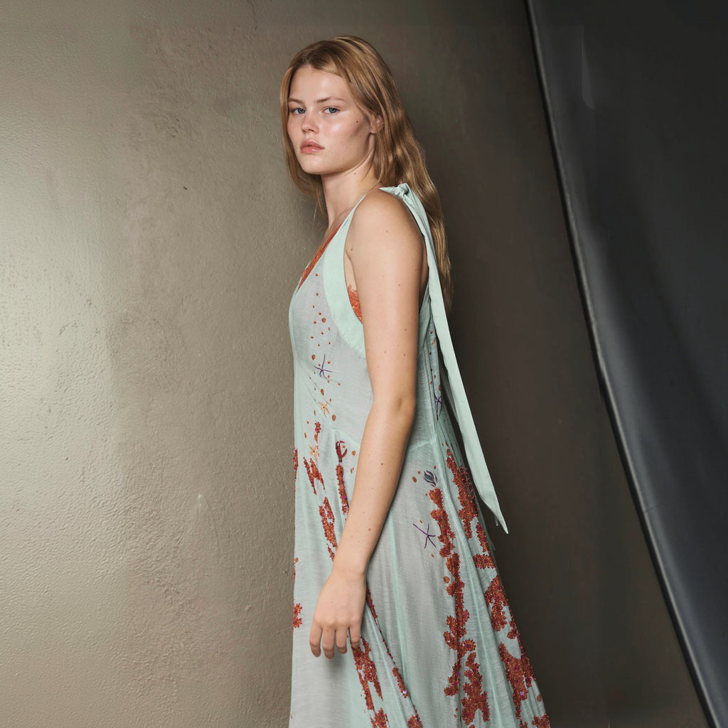 Antipodean Oceans Apart Deep V Gown- Seafoam