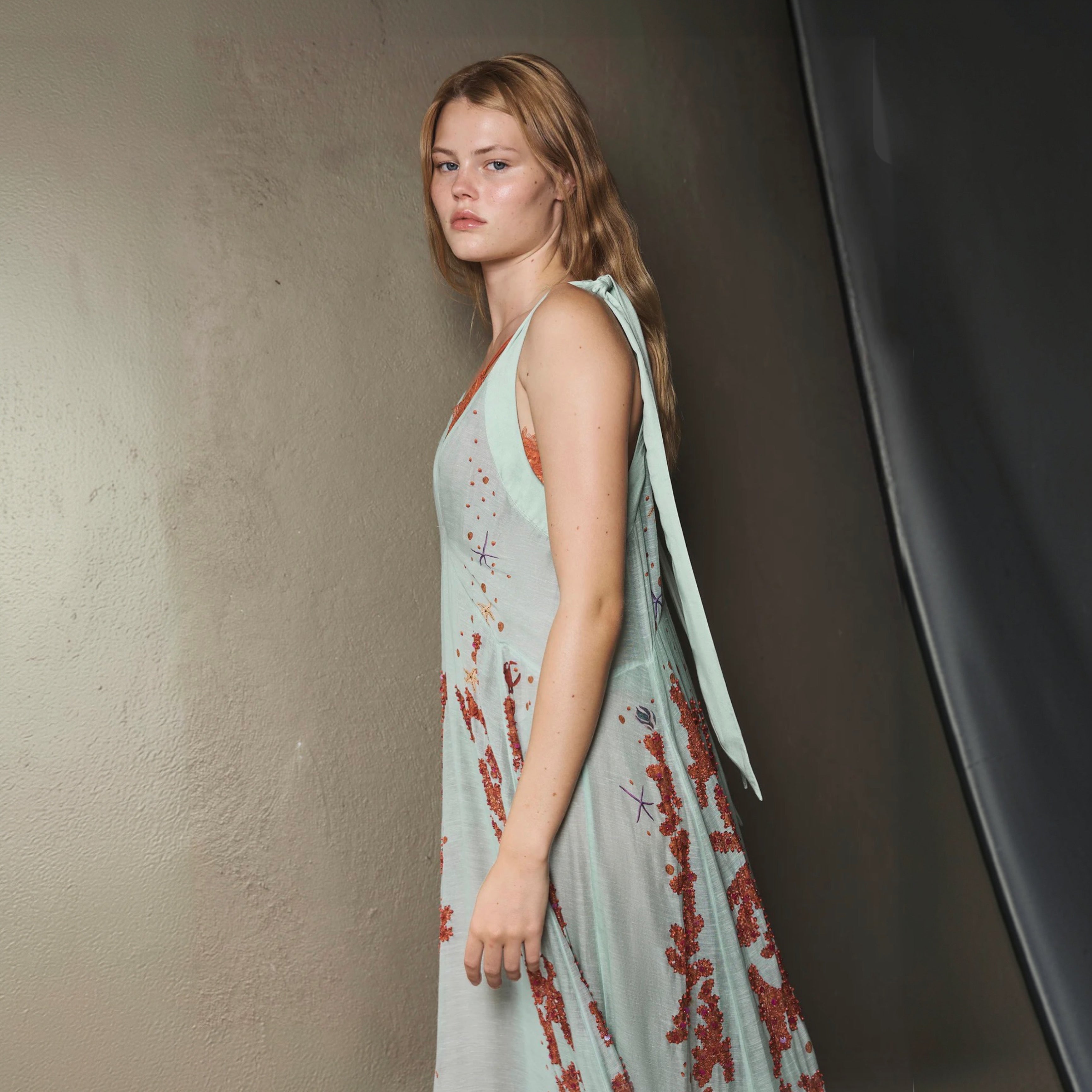 Antipodean Oceans Apart Deep V Gown- Seafoam