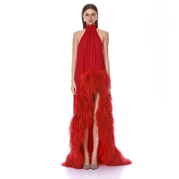 Bronx and Banco Madeline Halterneck Red Gown | High-Low Feather Chiffon Gown