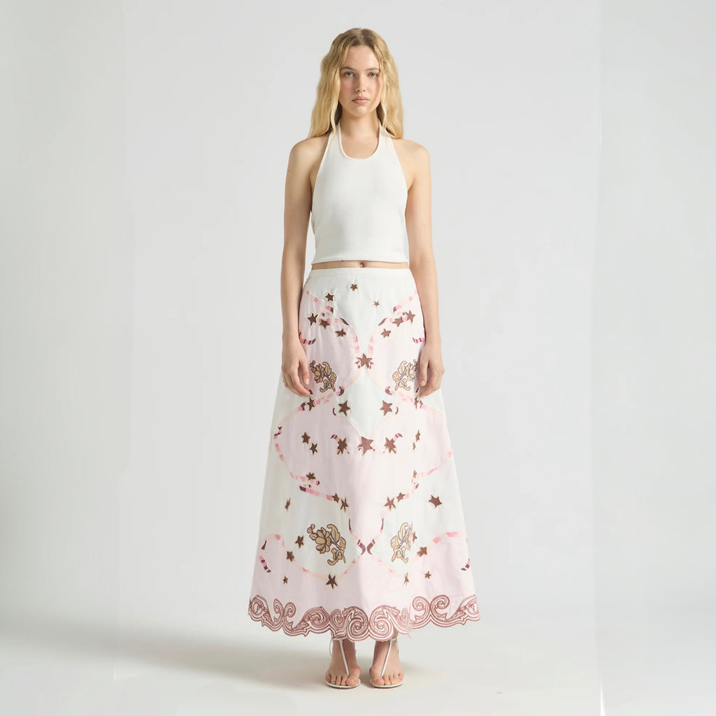Antipodean Take It Easy Embroidered Midi Skirt - Rosewater