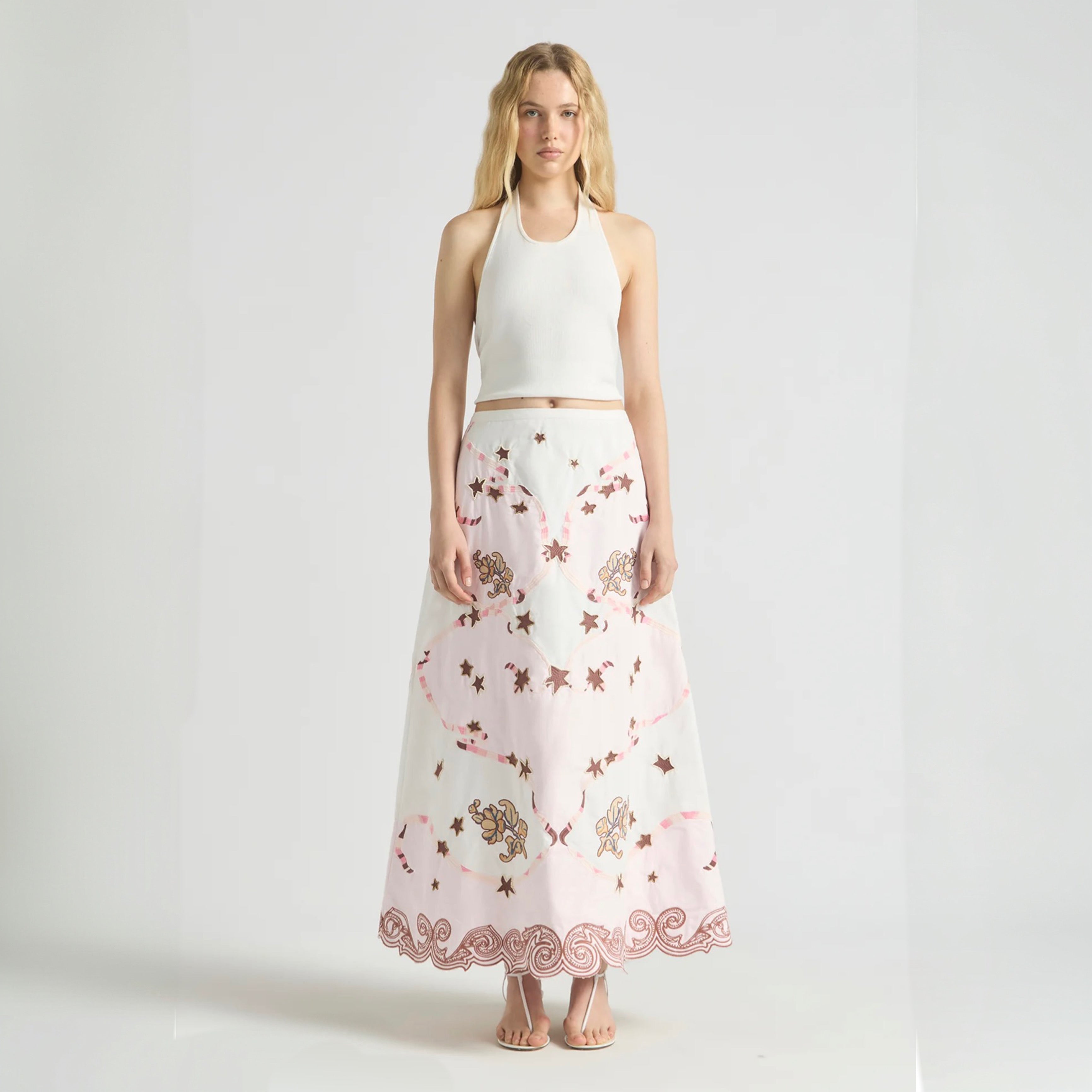 Antipodean Take It Easy Embroidered Midi Skirt - Rosewater