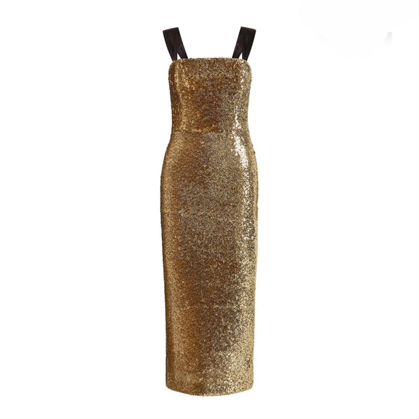 Rebecca Vallance Cambridge Midi Dress in Gold | Sequin Pencil Midi Dress with Satin Straps