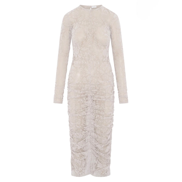 Artemis Diciero Carmina Maxi in Bone | Long-Sleeve Flocked Lace Bodycon Dress
