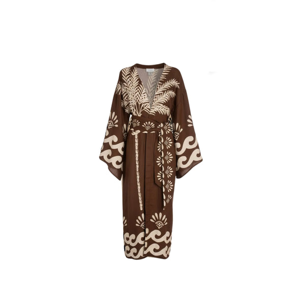 ISABEL BEACHWEAR KIMONO MAXI LINO PALM BROWN - IVORY