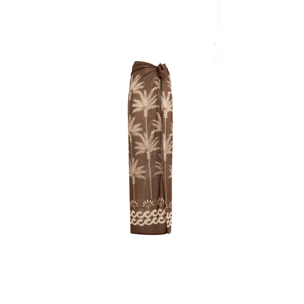 ISABEL BEACHWEAR FOULARD PAREO SILK COTTON PALM BROWN- IVORY