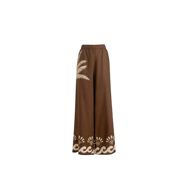 ISABEL BEACHWEAR MAXI PANTS LINO PALM BROWN - IVORY