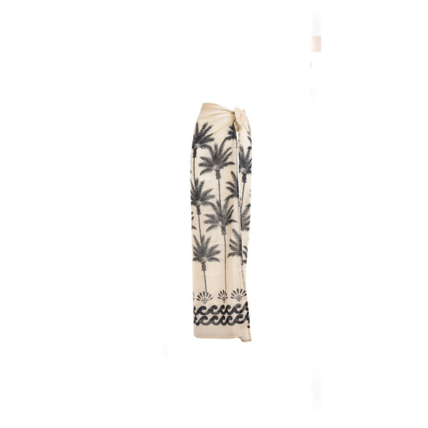 ISABEL BEACHWEAR FOULARD PAREO SILK COTTON PALM IVORY-BLACK