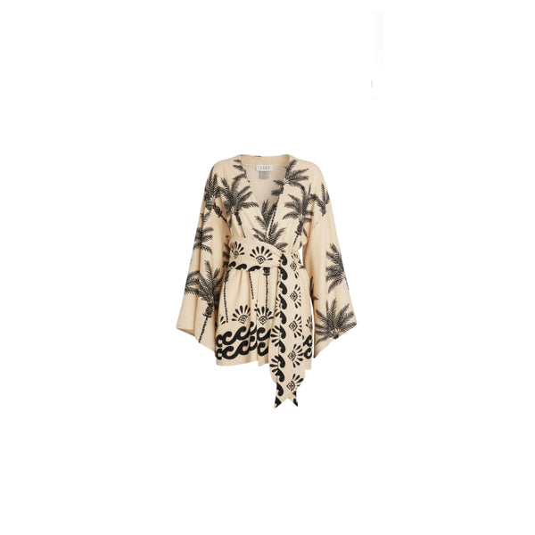 ISABEL BEACHWEAR KIMONO SHORT LINO PALM IVORY - BLACK