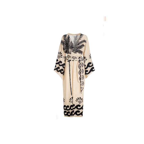 ISABEL BEACHWEAR KIMONO MAXI LINO PALM IVORY-BLACK