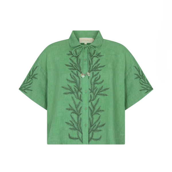 Carolina K Kimono Top Green | Embroidered Linen Button-Up Top