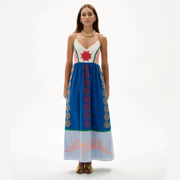 Carolina K Amelia Dress | Embroidered Color-Block Cotton Maxi Dress
