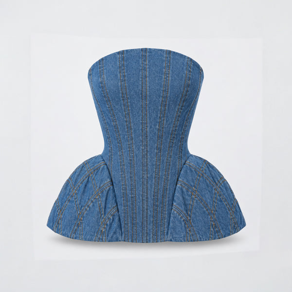 AKNVAS The Emmi Corset Top in Blue Denim | Strapless Denim Corset