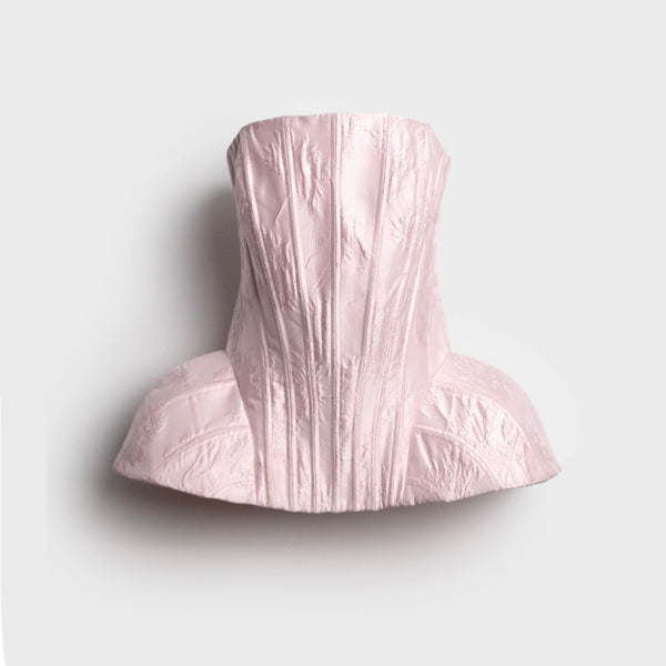 AKNVAS The Emmi Corset Top in Pale Pink Brocade | Strapless Brocade Corset
