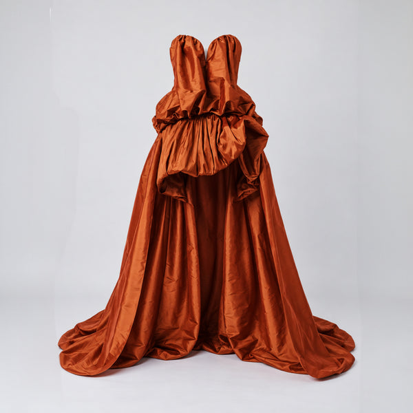 AKNVAS The Arlene Gown in Terracotta | Strapless High-Low Taffeta Gown