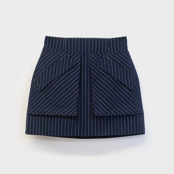 AKNVAS The Cherry Skirt in Navy Pinstripe | High-Waisted Pinstripe Mini Skirt