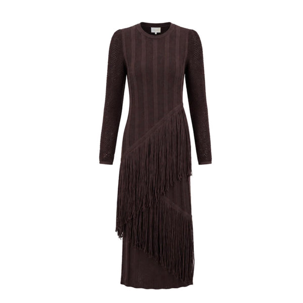 Carolina K Hunter Dress | Chocolate Knit Fringe Midi Dress