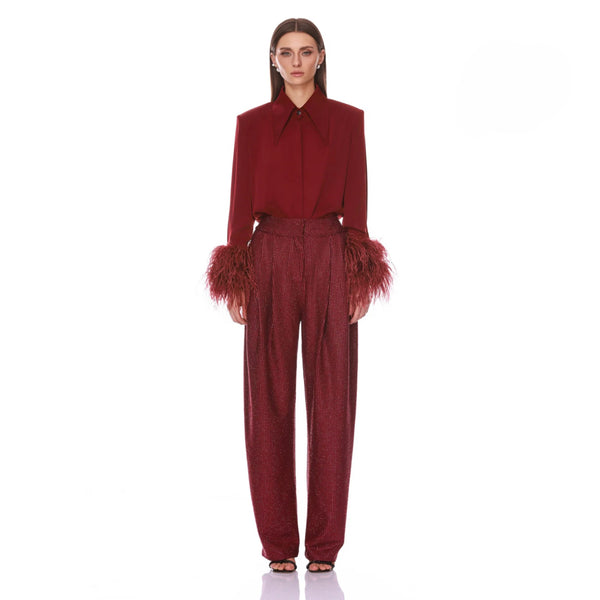 Bronx and Banco Blair Top with Feather Cuffs | Burgundy Button-Down Shirt with Ostrich Feather Cuffs