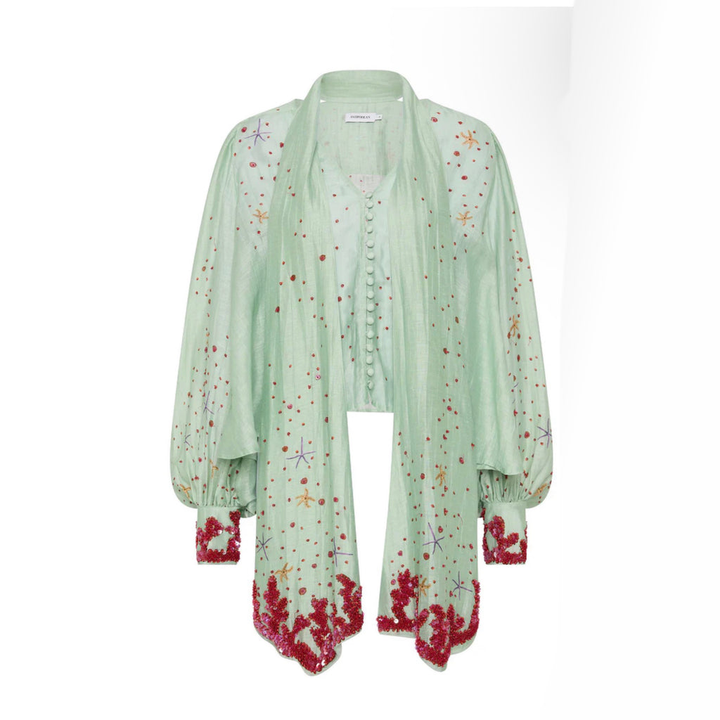 Oceans Apart Neck Tie Billow Blouse - Seafoam