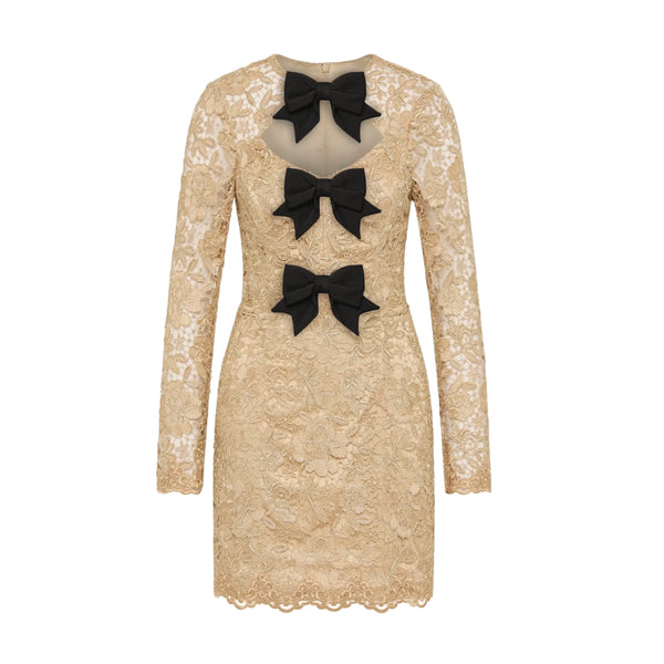 Rebecca Vallance Nottingham Mini Dress in Gold | Metallic Corded Lace Mini Dress with Satin Bows