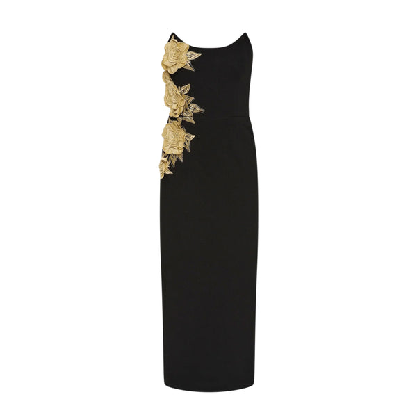 Rebecca Vallance Kensington Midi Dress in Black | Strapless Pencil Midi Dress with Gold Rose Appliqué