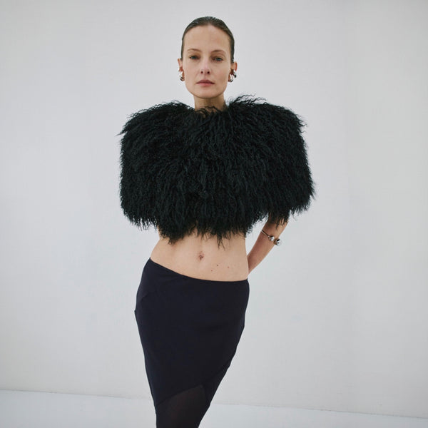 De La Vali Selene Fur Capelet in Black Mongolian Fur | Cropped Shearling Capelet with Shoulder Pads