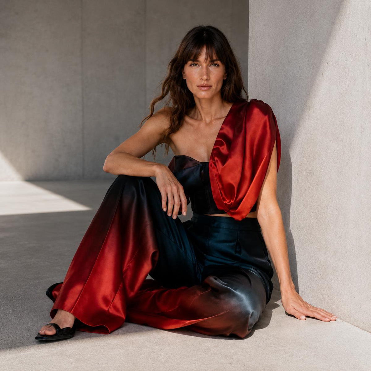 Sandra Weil red ombre silk look, detail