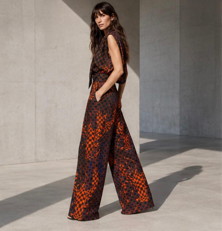 Sandra Weil checkered silk co-ord, walking