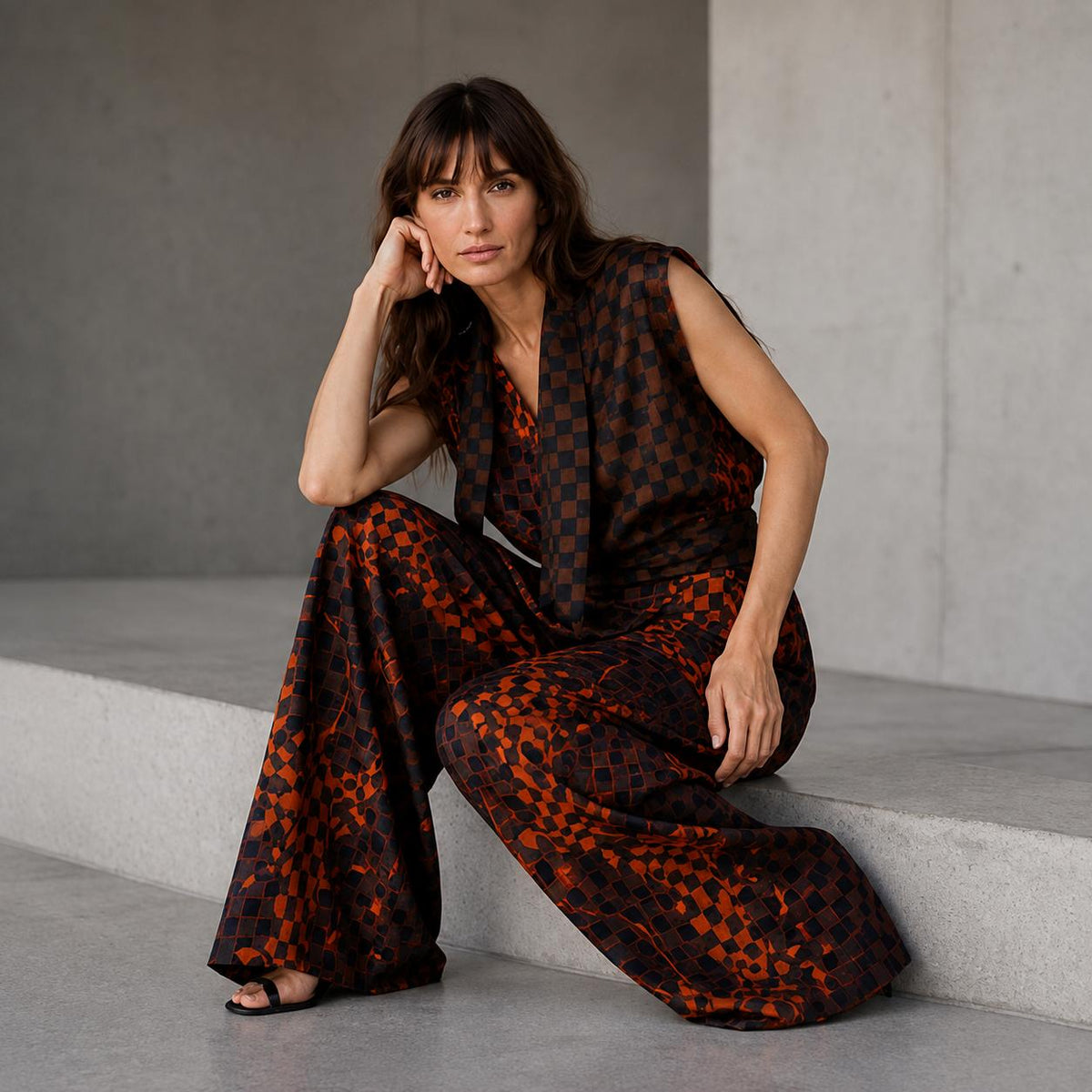 Sandra Weil lookbook, checkered silk co-ord